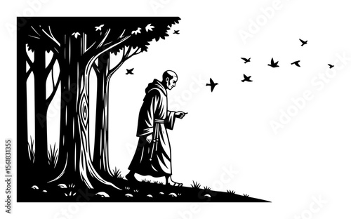 Monk in forest feeding birds – peaceful black and white vector illustration