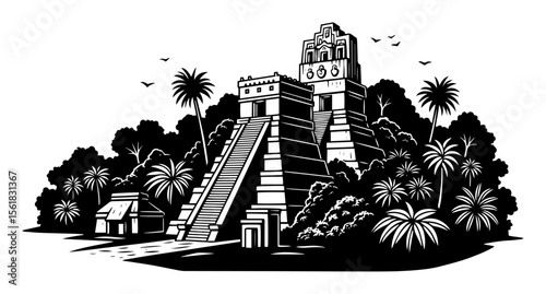 Maya temple in jungle – ancient pyramid black and white vector illustration