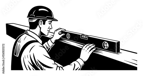 builder using spirit level to measure alignment in black and white vector