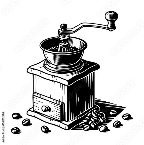 manual coffee grinder with beans scattered in vintage black and white vector