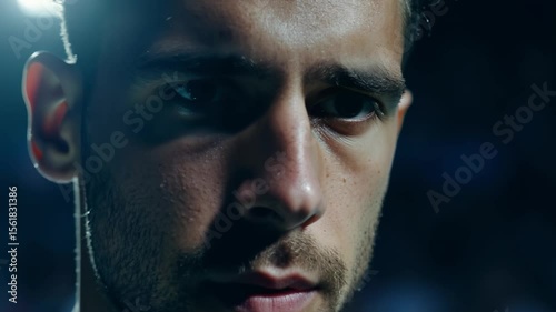 Football player starring with intensity in stadium lights