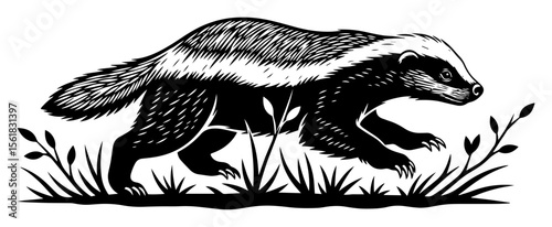 Honey badger vector illustration – fearless mustelid prowling through tall grass with striped back