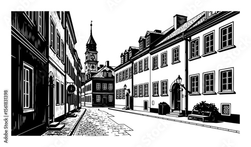 Old town street vector engraving – narrow European lane with cobblestones and church tower