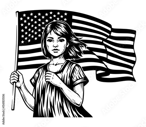 proud american woman with usa flag vector