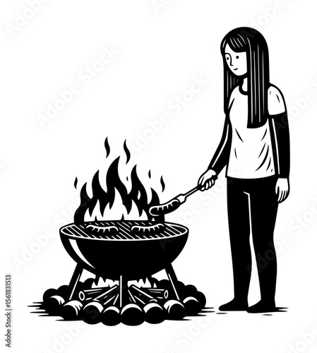 vector of a girl grilling over a campfire, perfect for camping and outdoor cooking themes