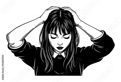 black and white vector of a woman holding her head in stress or frustration, mental health concept