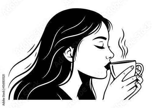 vector of a woman sipping a hot drink, calm and elegant black and white scene with steam