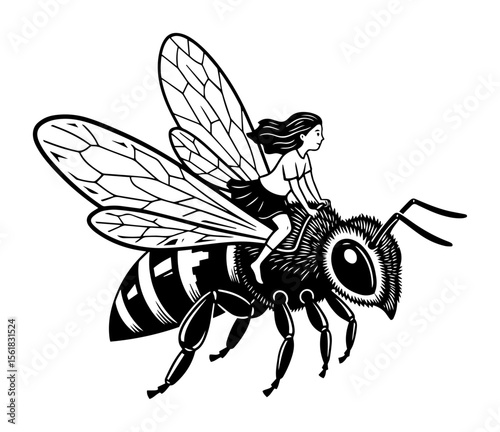 fantasy vector illustration of a girl riding a giant bee, creative and surreal black and white art