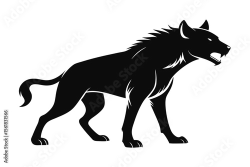 Silhouette of a ferocious hyena standing sideways with open mouth and detailed fur design black and white