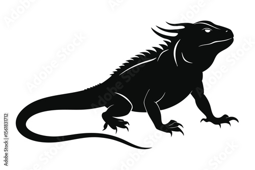Silhouette of a horned iguana reptile in elegant black design on transparent background