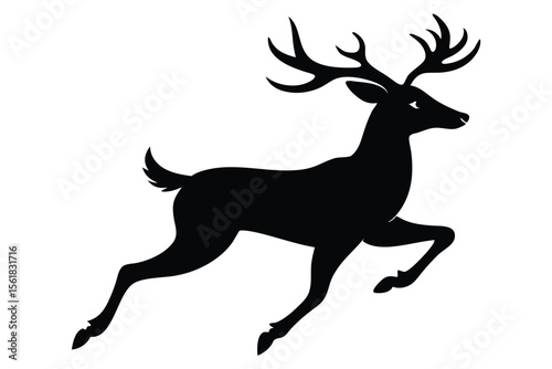 Silhouette of a leaping deer with prominent antlers in dynamic pose on a white background suitable for various design applications.