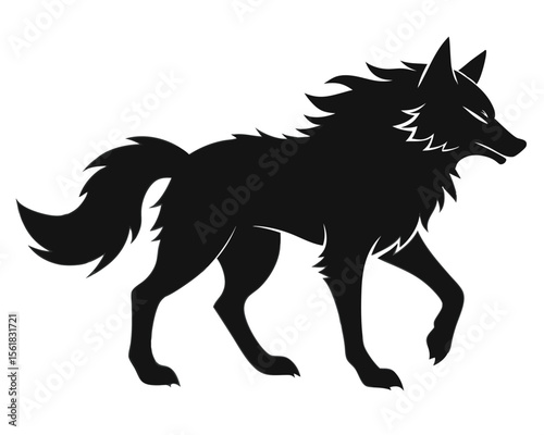 Silhouette of a majestic wolf in profile stride black and white animal illustration with transparent background