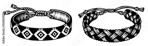 black and white vector of two handmade friendship bracelets with knots in engraving style