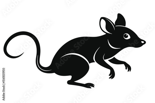 Silhouette of a rat or mouse with an elaborate tail in black color, vector illustration
