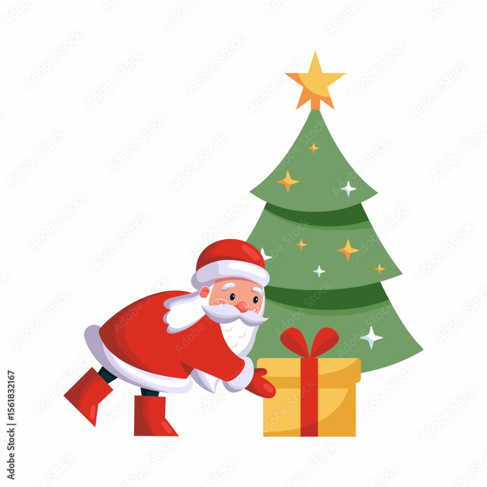 Fototapeta premium Santa Claus or Russian Father Frost puts gift under Christmas tree. Vector illustration for New Year. Cartoon style character.