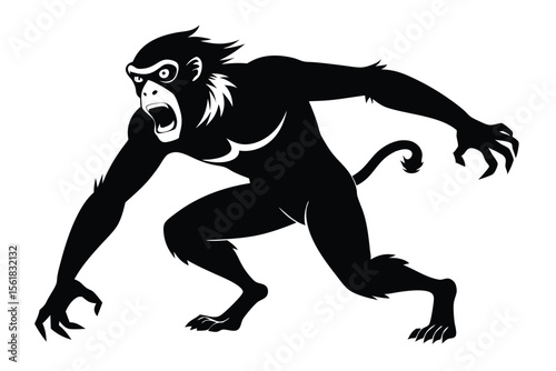 Silhouette of a terrifying monkey ready to pounce with sharp claws and bared fangs vector illustration