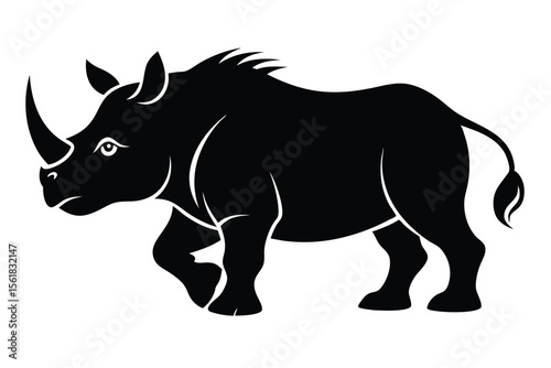 Silhouette of a walking african rhinoceros in black on white background illustration