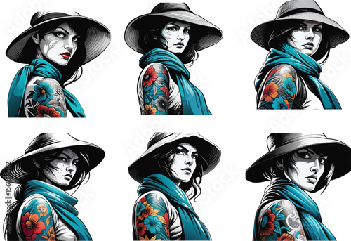 Stylish woman with wide brim hat and floral tattoo wearing a blue scarf.