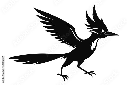 Silhouetted black roadrunner bird with wings open isolated on white background vector