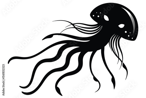 Silhouetted black jellyfish illustration on a white background depicting artistic and abstract underwater creature