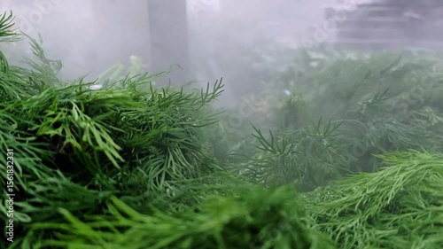 Fresh greens close-up on display in a refrigerated chamber