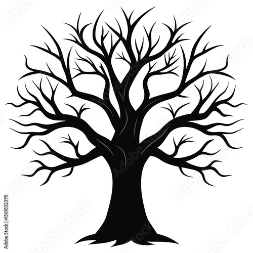 Silhouetted deciduous tree illustration in black and white on a plain white background.