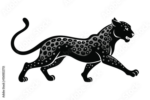 Sleek black jaguar silhouette on white with spotted pattern in a powerful running pose