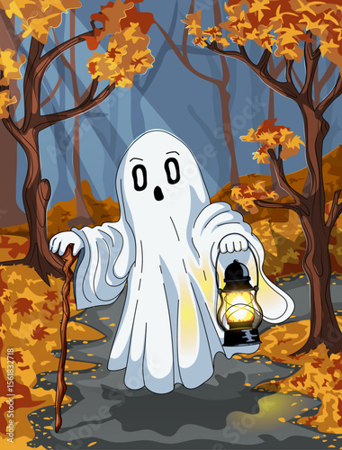 Ghost with Lantern Passing Through the Autumn Forest During All Hallows Eve. Spooky Halloween Cartoon Illustration
