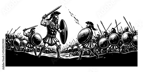 ancient greek warriors in battle formation with swords and shields, black and white vector