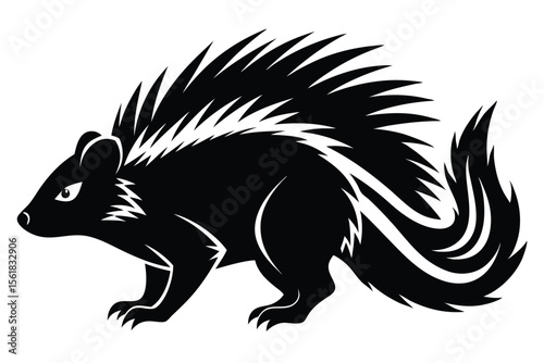 Striking black and white illustration of a skunk silhouette featuring sharp spikes on a white background