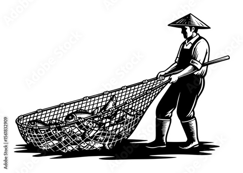 fisherman with large fishing net full of fish in black and white retro vector style