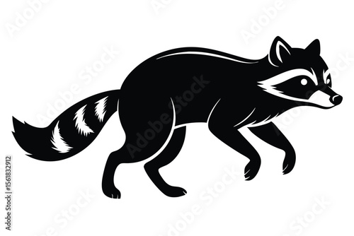 Striking black and white raccoon silhouette walking on a transparent background for diverse design applications
