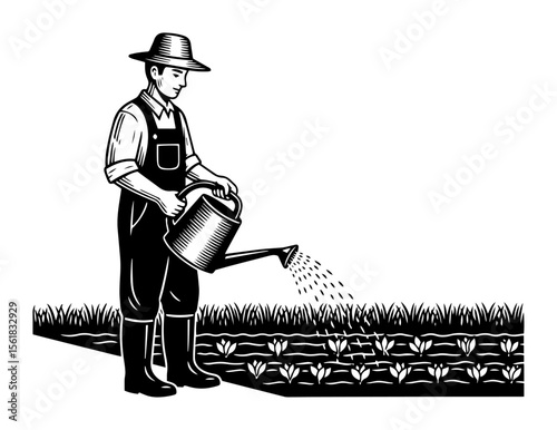 Farmer watering seedlings vector illustration – rural gardener nurturing young vegetable plants with metal watering can, sustainable agriculture concept