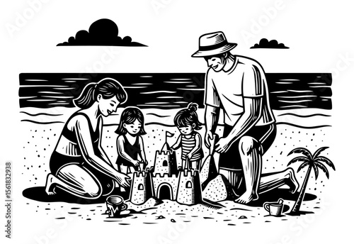 Family beach sandcastle vector illustration – parents and children building sand castle together on sunny seaside vacation, joyful summer activity