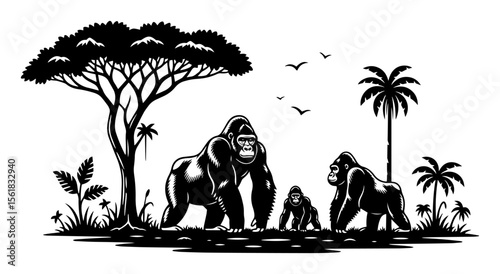 Gorilla family vector engraving – powerful silverback, mother and baby primates near waterhole under acacia tree, African wildlife scene