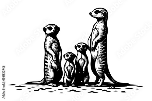 Meerkat sentinels vector illustration – alert group standing upright on desert ground, curious meerkat family lookout posture