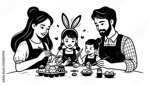 Family decorating cupcakes vector illustration – happy parents and kids frosting sweet desserts together in home kitchen, fun baking activity