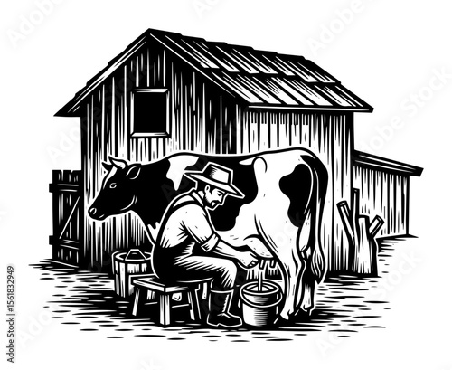 Farmer milking cow vector engraving – traditional dairy barn scene with milk pail, agriculture and livestock concept