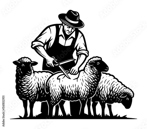 Sheep shearing vector illustration – shepherd clipping wool from flock with hand shears, farming and textile production concept