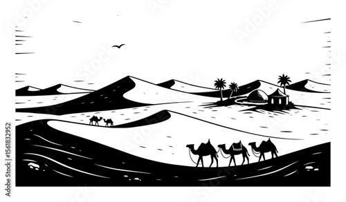 Camel caravan desert dunes vector illustration – nomads leading dromedaries across windswept sand toward palm oasis, Middle Eastern travel scene