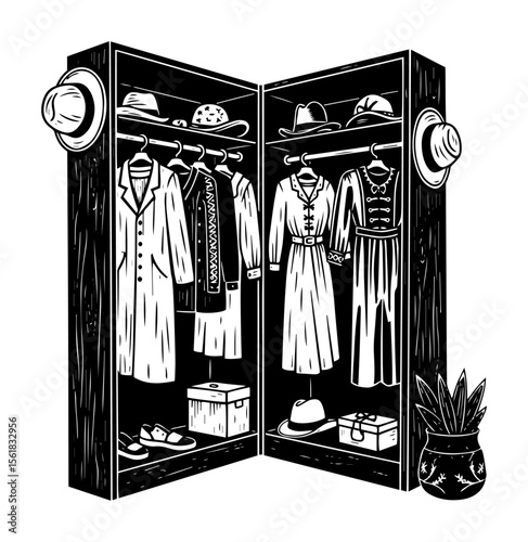 Wardrobe closet vector illustration – open wooden armoire filled with hanging coats, dresses, hats, shoes and accessories, organized storage concept