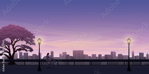 Silhouette of a woman rides a bicycle on the sidewalk at sunset with skyscrapers in the distance graphic illustration.