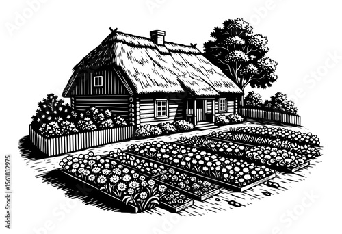 Black and white vector illustration of countryside house with garden and trees. Hand drawn vintage woodcut style rural landscape