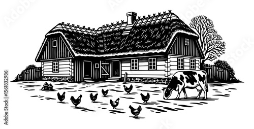 Thatched farmhouse vector engraving – traditional rural homestead with grazing cow and free‑range chickens, pastoral countryside illustration