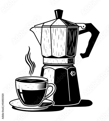 Black and white coffee pot and steaming cup vector