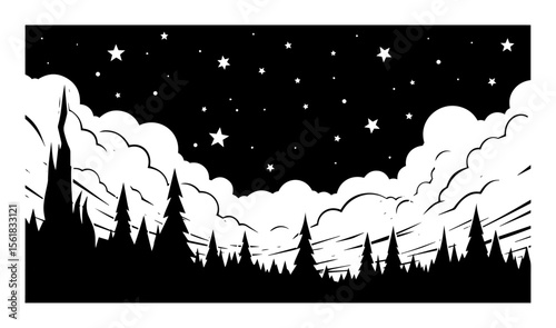 Vector night sky with stars and forest silhouette