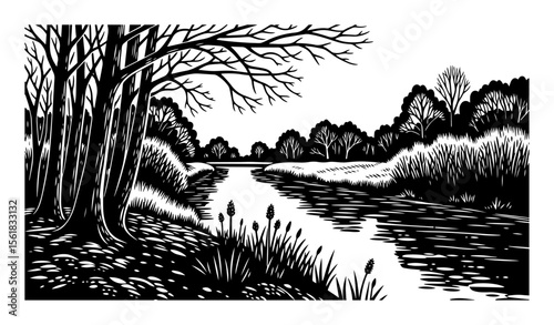 Countryside riverbank woodcut style illustration