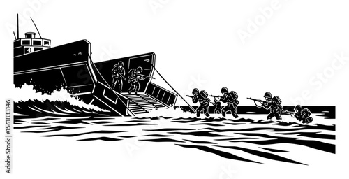 Black and white vector of army landing operation