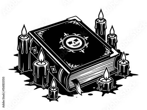 occult spell book with burning candles in gothic style, horror vector in black and white engraving