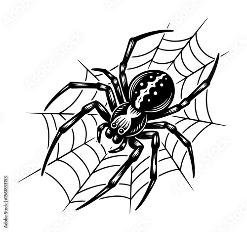spider sitting on web, black and white vector illustration in detailed engraving style